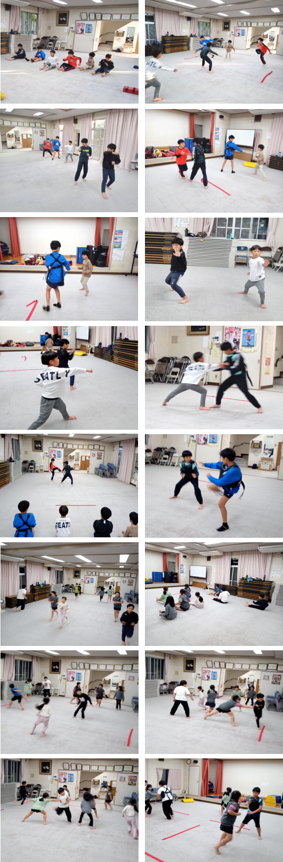 落合空手教室の稽古の様子。形と組手の稽古